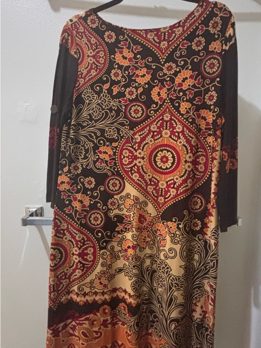 Boho Floral Medallion 3 quarter length open Sleeve Dress in Brown and Orange